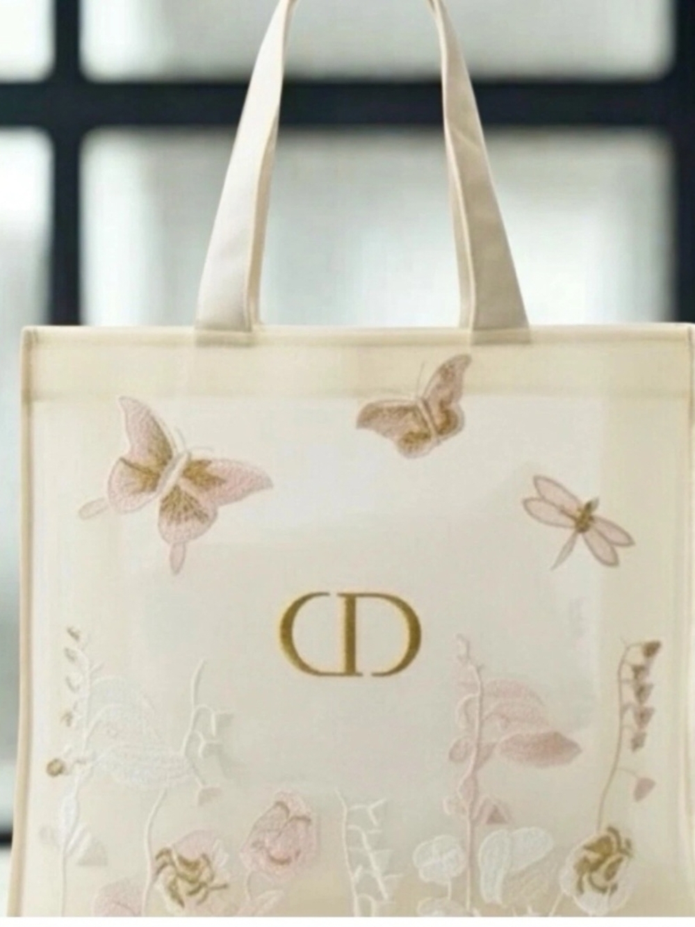 Dior Cream Embroidered Butterfly Tote with Gold CD Logo